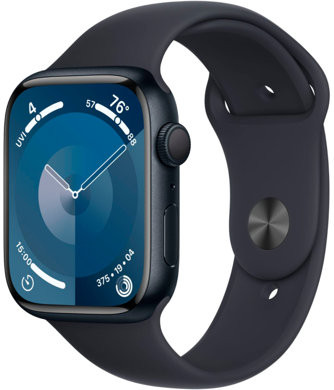 Apple Watch Series 9, 45 мм, корпус из алюминия цвета «тёмная ночь», спортивный ремешок цвета «тёмная ночь», размер S/M
